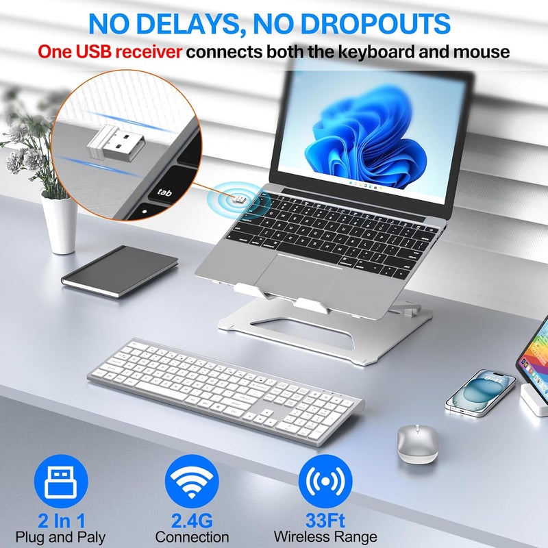 EDJO Wireless Keyboard and Mouse Combo, Full Size Keyboard and Mouse, Long Battery Life, Optical Mouse, 2.4G Lag-Free Cordless Mice Keyboard Set Ultra Slim Design for Computer, Laptop, PC, Windows (Silver) - Image 3